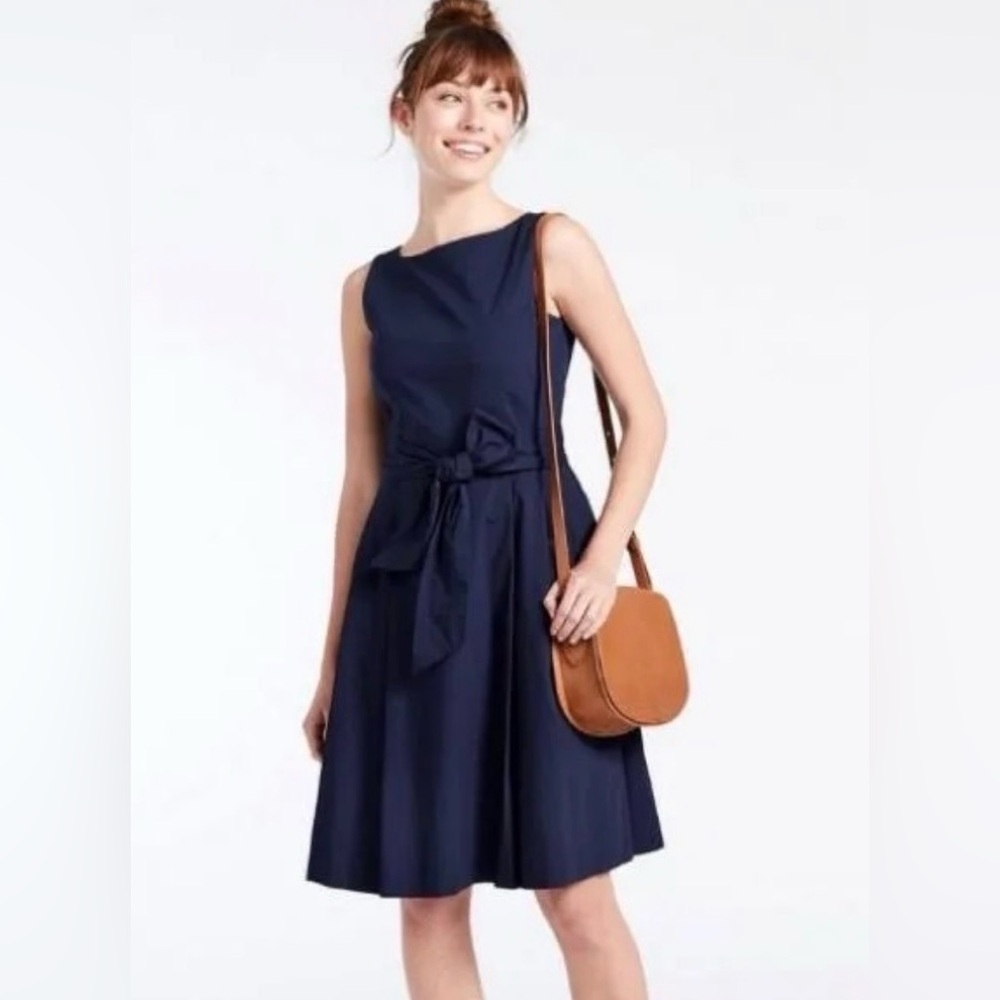 LL BEAN signature Navy blue boat neck Sleeveless Dress pockets sash New NWOT